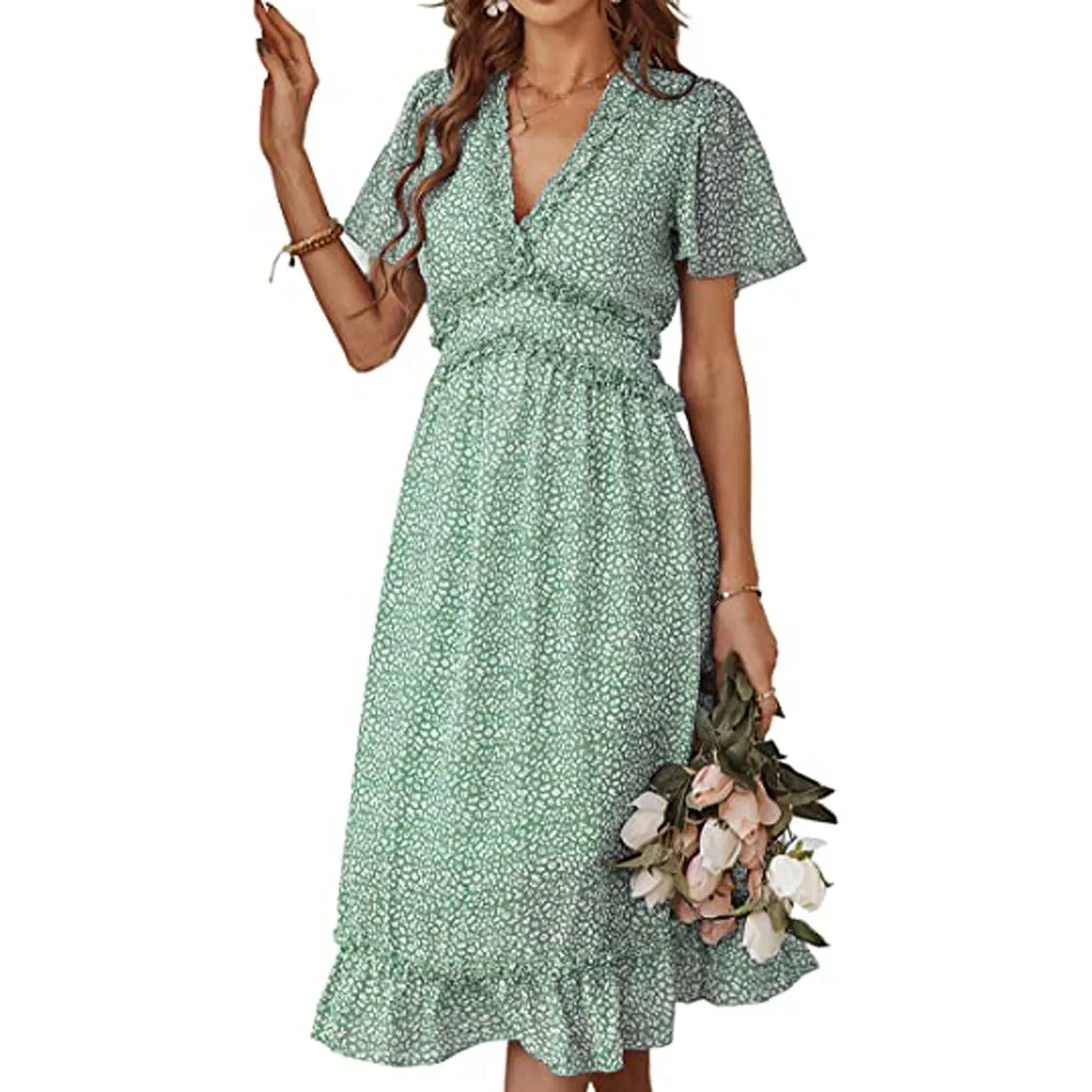 

Floral Print Boho Women Casual Dress Ruffle V Neck Short Sleeve Maxi Female Elegant Sexy Dresses Party Night Holiday Vestidos