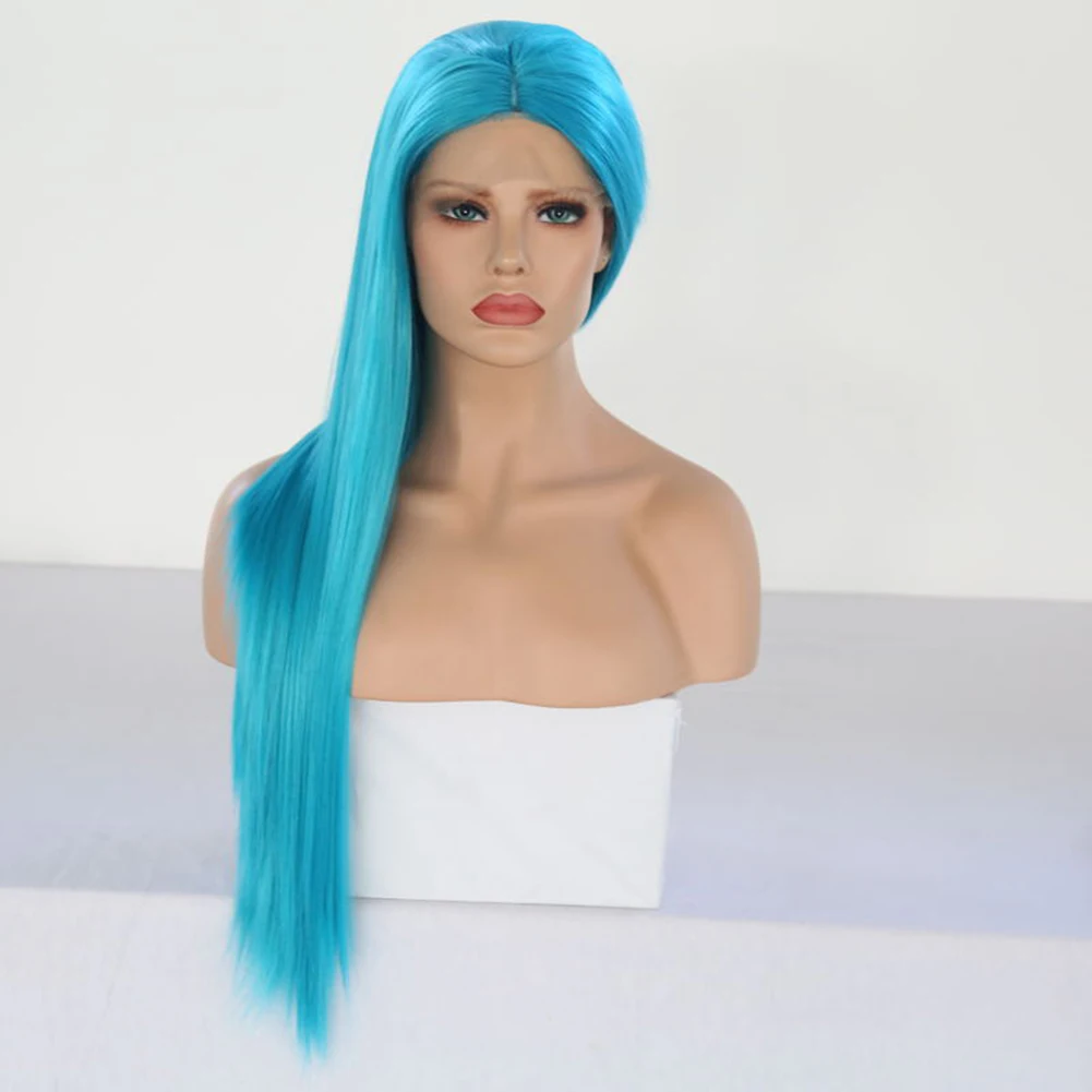 Lake Blue Synthetic Hair Lace Front Wigs Women Daily Wear Blue Wig Glueless Heat Resistant Fiber Long Straight Hair Cosplay