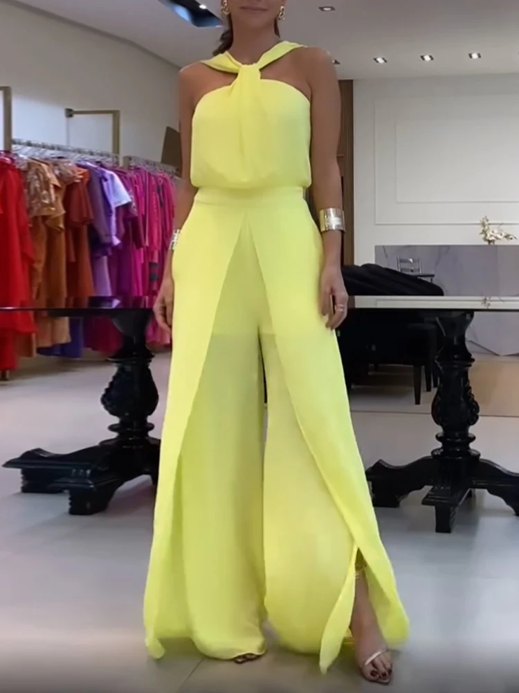 

Side Slit Ruched Chiffon Halter Jumpsuit