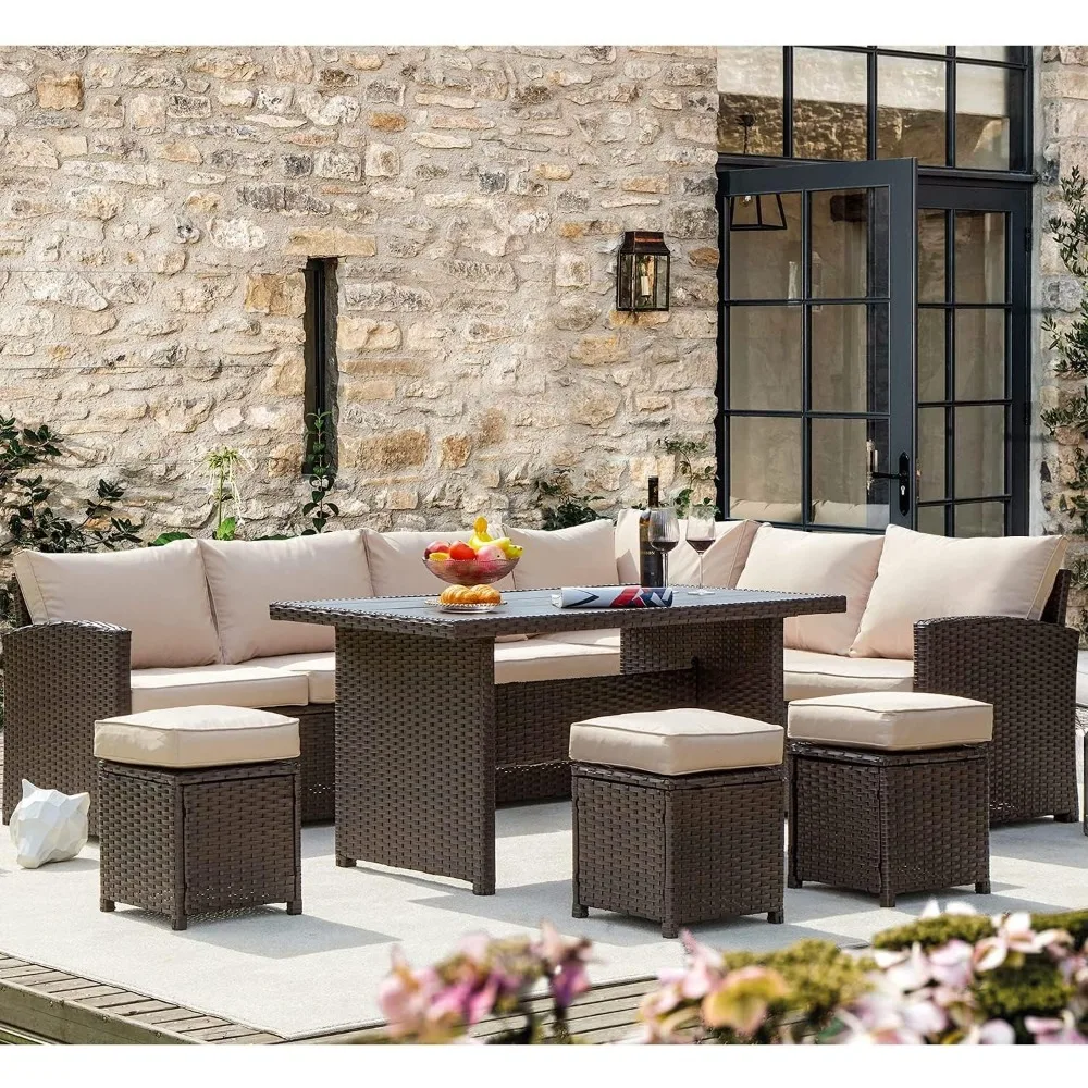 

Outdoor Sofa Sets, 7 Pieces Sofa Conversation Set All Weather Wicker Rattan Couch Dining Table, Outdoors Garden Sofas Sets