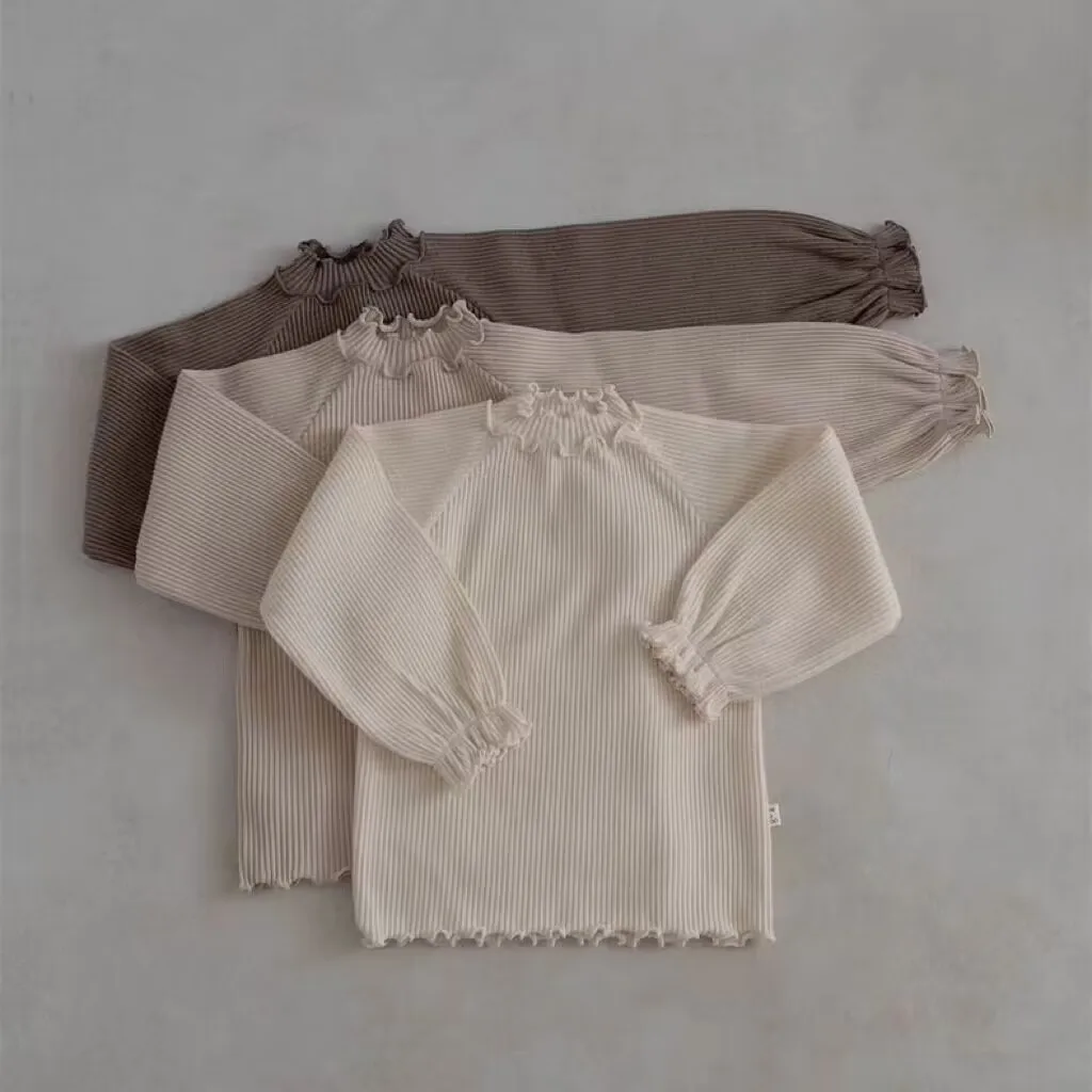 Spring Toddler Ruffle Turtleneck Long Sleeve Bottoming Shirt Boy Girl Baby Solid Ribbed T-shirt Infant Cotton Casual Tops
