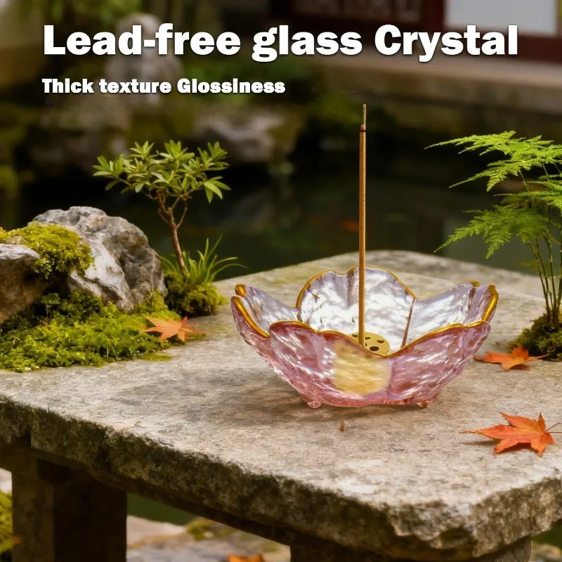 Incense Burner Candlestick Glass Cherry Blossom Incense Burner Candlestick with 9 Incense Holes Ash Collector Home Decoration