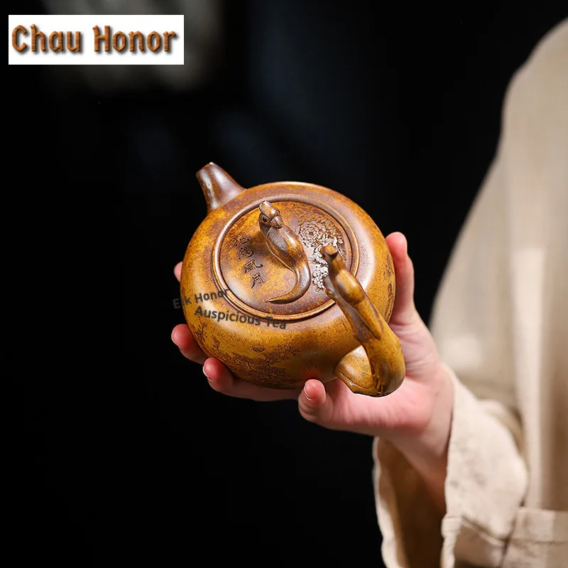 370ml Elegant Yixing Purple Clay Teapots Handmade Flying Handle Pot Raw Ore Section Mud Kettle Zisha Tea Set Tea Services Gift