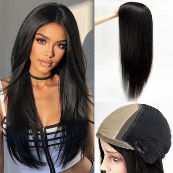 Parrucca in Capelli Umani con Top in Seta e Frontale in PU Senza Colla, Lunga e Liscia, per Donne, Nero Naturale, Densità 150%