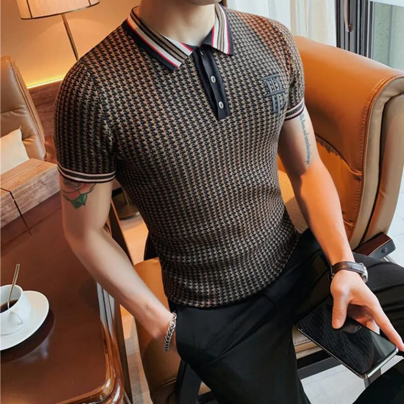 

2023 Vintage Patchwork Knit Slim Polo Shirts Men Fashion Summer Short Sleeve Polo Shirt Casual Lapel Button Tops Mens Streetwear