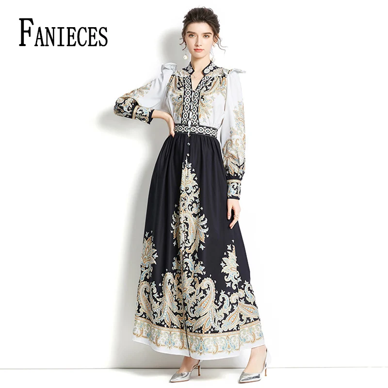 

FANIECES Runway Dresses For Women 2023 Baroque Print A-line Maxi Dress High Waist Elegant Party Long Vestidos платье женское