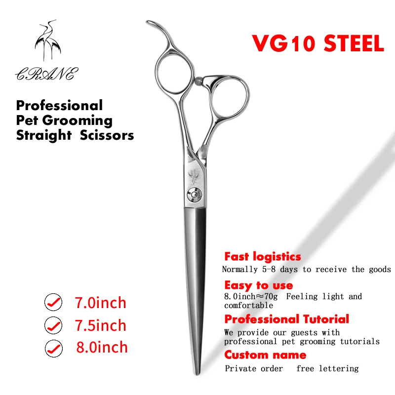 

Taiwan Crane Master Sword Type Direct Shear 7.0 7.5 8.0" High Grade Vg10 Steel Professional Pet Beauty Shop Gromming Scissors