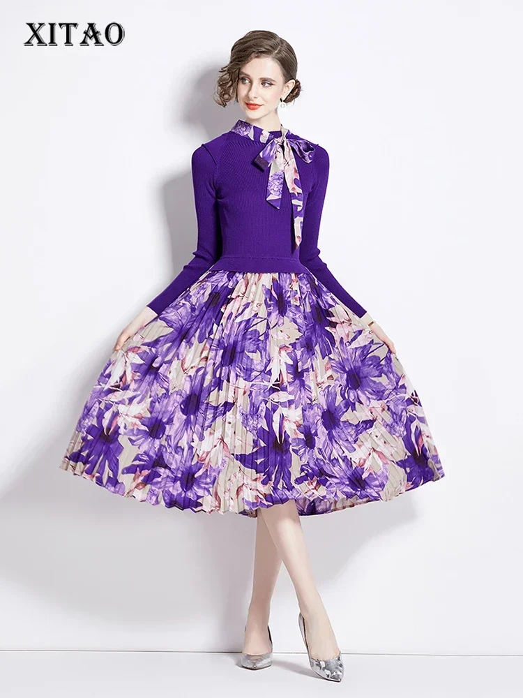 

XITAO трикотажное Плиссированное Платье с принтом, модное приталенное платье-свитер с длинными рукавами и воротником-стойкой DMJ3535