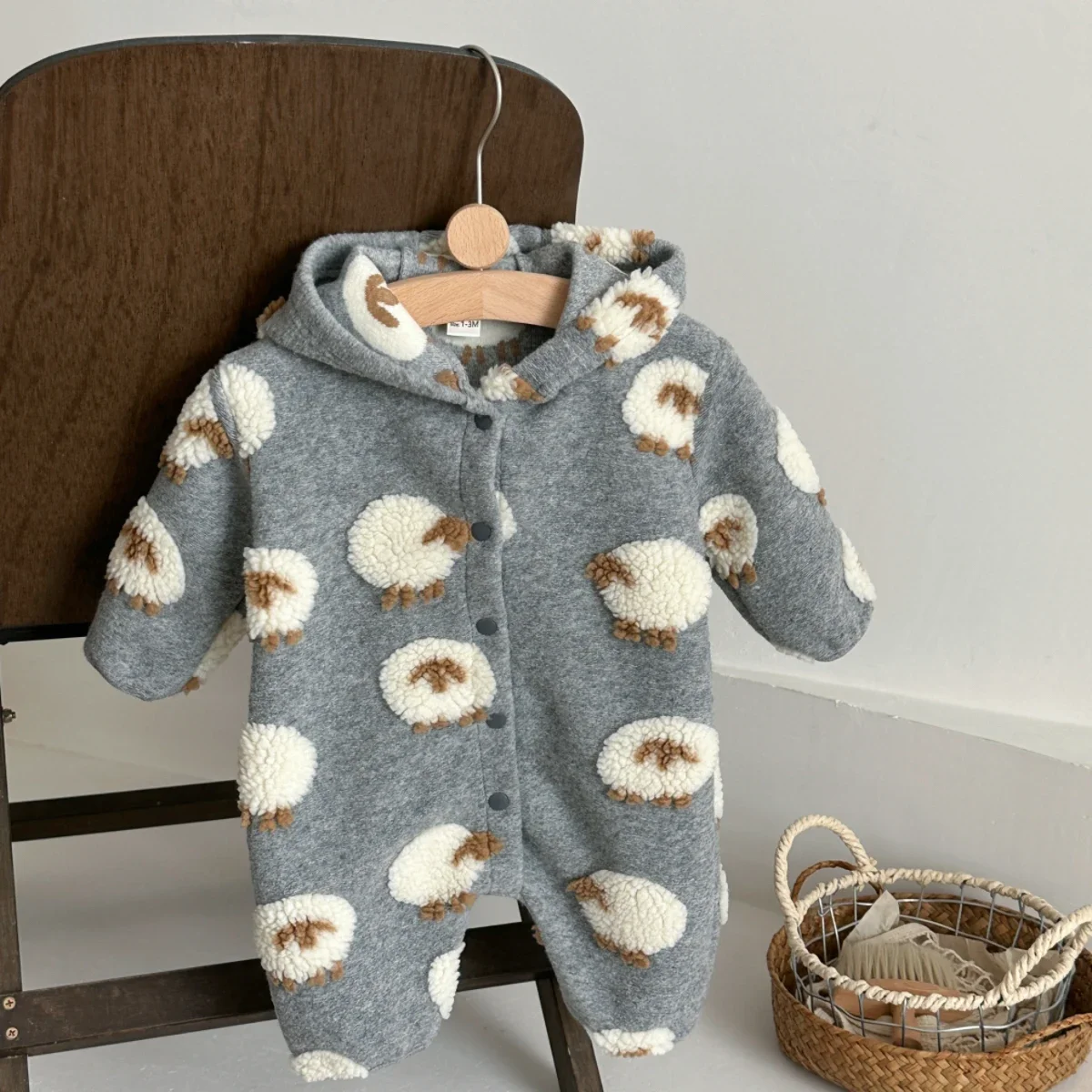1-18 mesi bambino inverno grigio con cappuccio agnello ricamato manica lunga peluche tuta quotidiana neonato ragazzi ragazze vestiti caldi