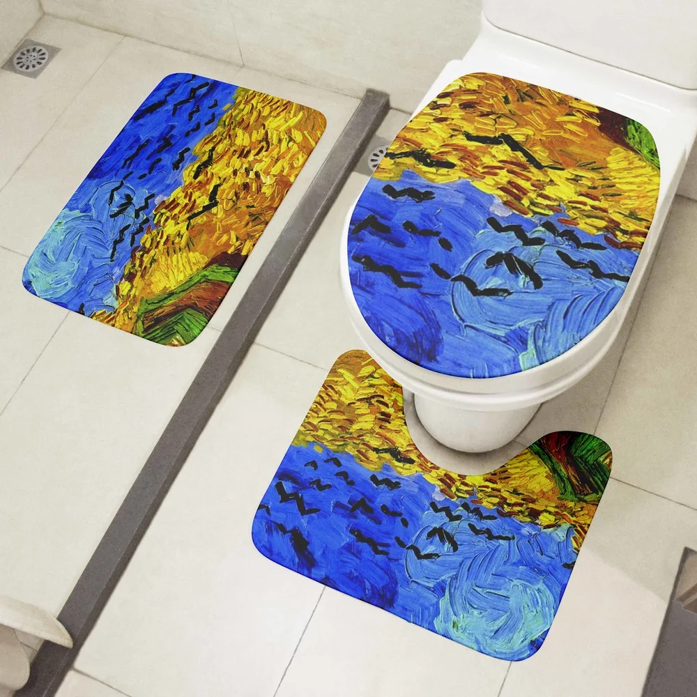 

CLOOCL Toilet Mat Set Van Gogh Oil Painting Sunflower Starry Night Floor Rugs Bathroom Shower Flannel Carpet Toilet Cushion