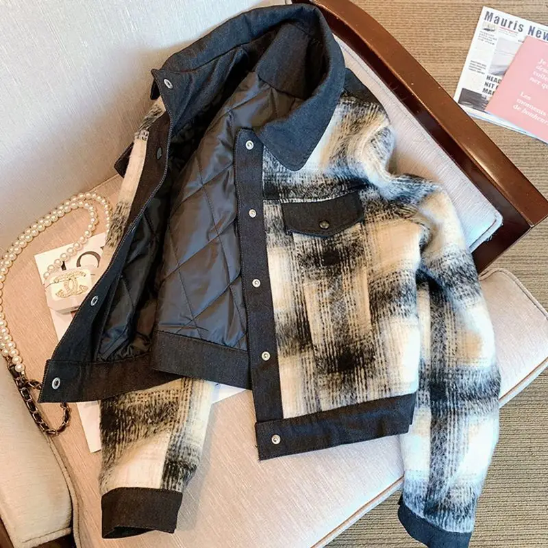 

Contrast black and white plaid woolen jacket for women's 2023 autumn/winter new cotton clip retro casual short jacket