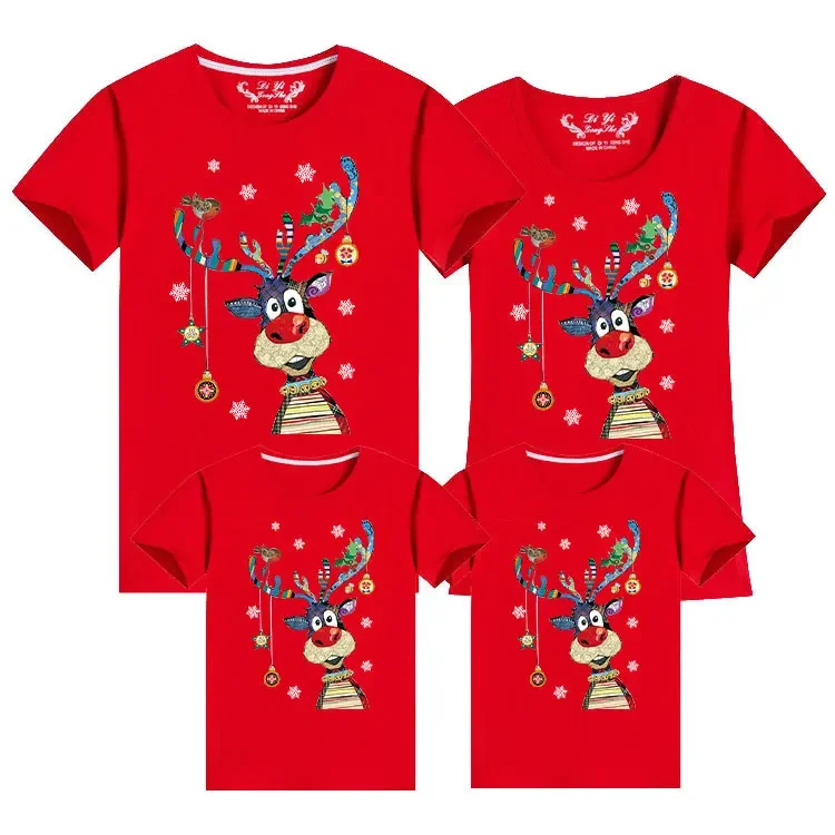 2025 Conjuntos de apariencia familiar para papá, mamá e hija, camisetas navideñas de algodón de manga corta, camisetas familiares a juego, camisetas con estampado de Papá Noel para parejas
