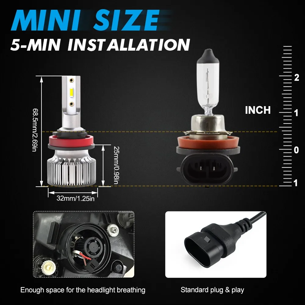Bevinsee H11 H7 LED Headlight Bulb Mini Size Lights For Cars h4 9005 HB3  9006 HB4 H8 H9 9012 LED Fog Light 12V 6000K Headlamp