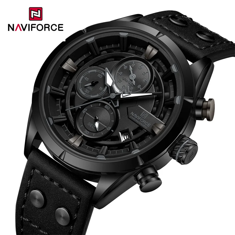 

NAVIFORCE Men Watch Waterproof Genuine Leather Strap Military Sport 1/10 Second Chronograph Date Quartz Wristwatch Reloj Hombre