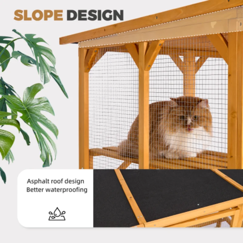 Catio Outdoor Cat Enclosure with Roof 72" Height Cat Wooden House Large Cage with 3 Jumping Platforms and 2 Napping Houses f