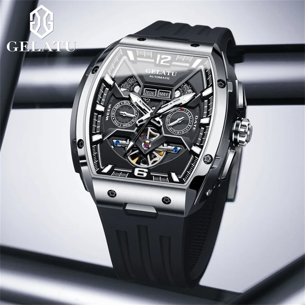 GELATU Luxury Men's Mechanical Watch Multifunctional Calendar Skeleton Design Luminous 50 Meters Waterproof Big Dial Wristwatch