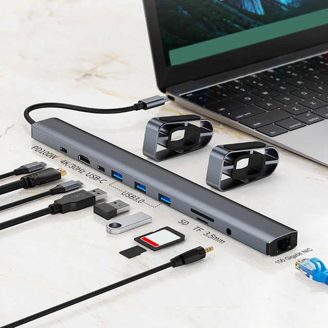 10 in 1 USB Hub Dock AUX HD-compatible VGA Adapter USB C Laptop Docking Station USB 3.0 5Gbps Data Ports for Macbook Huawei 2