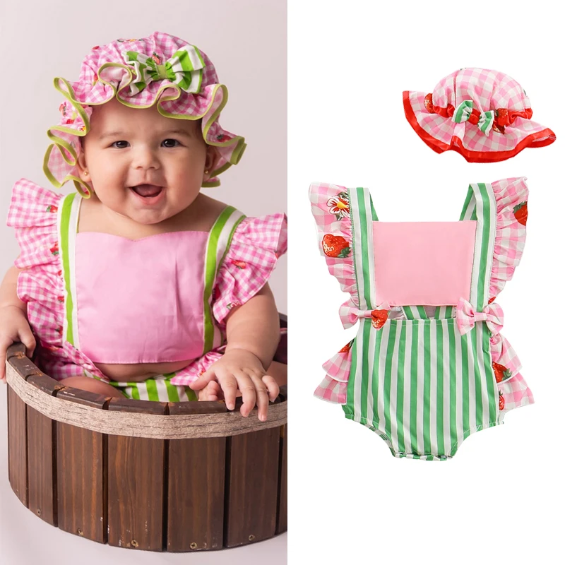FOCUSNORM 2pcs Lovely Baby Girls Boys Rompers Sets 0-18M Fly Sleeve Ruffles Strawberry Print Stripe Patchwork Jumpsuits with Hat