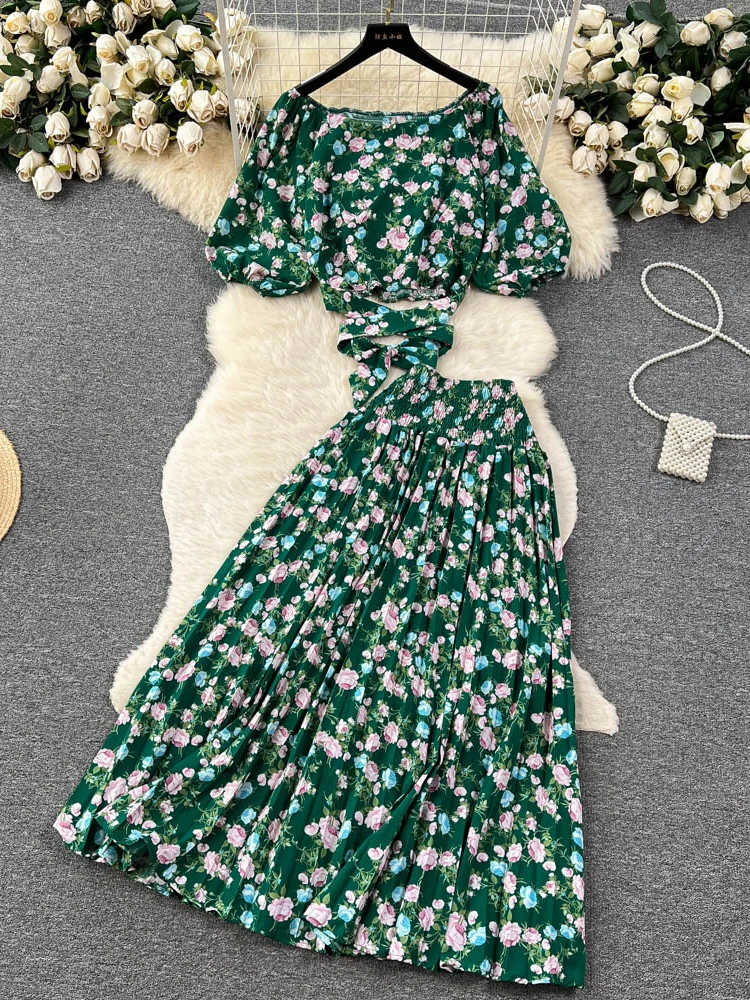 Summer Women Printed Two Piece Set Bohemian Vacation Beach Slash Neck Puff Sleeve Short Bandage Tops + Pleated Skirt Suit New