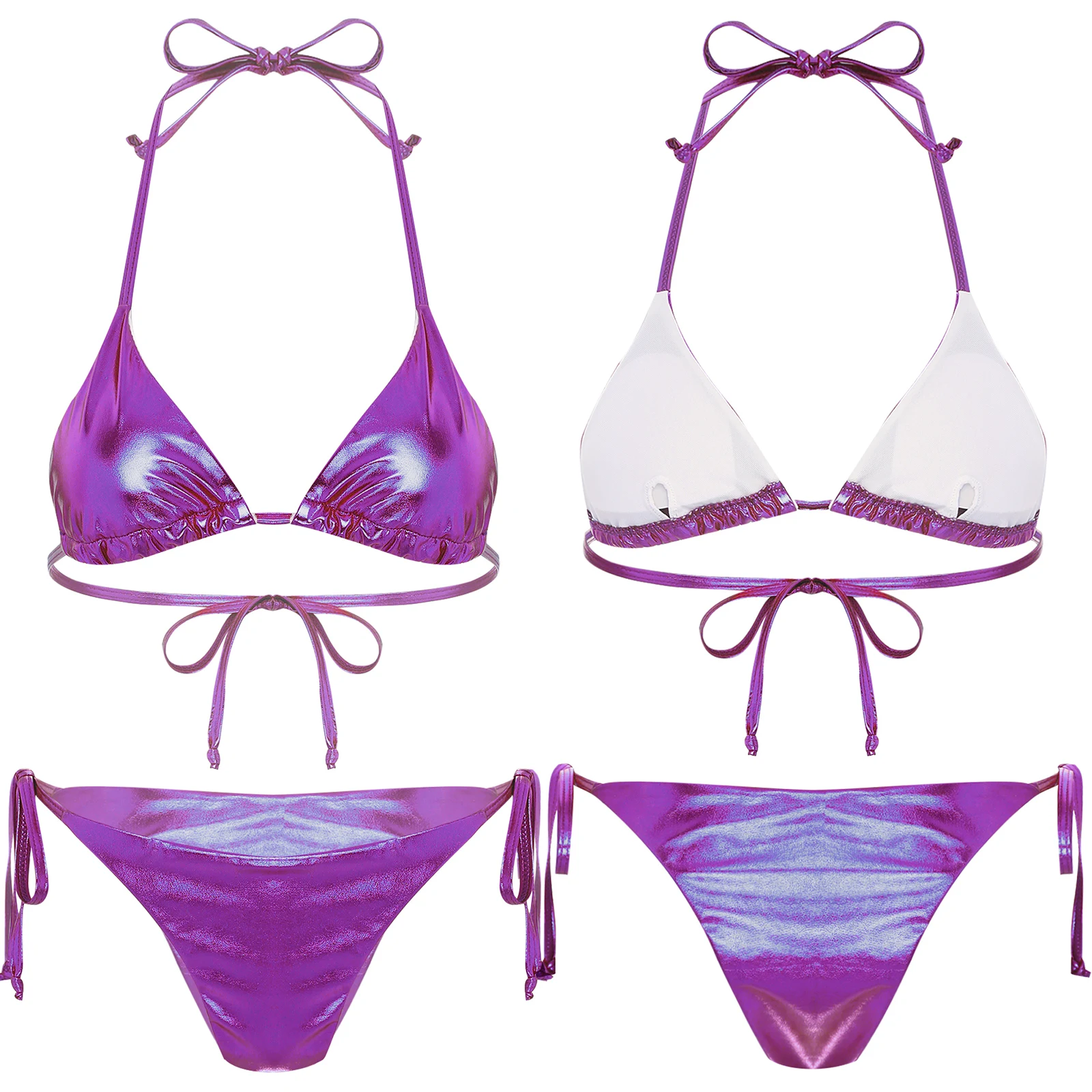 Traje de baño minibikini con cordones brillantes y metalizados para mujer, top de copa triangular acolchado con braguitas, traje de baño sexy de 2 piezas para playa