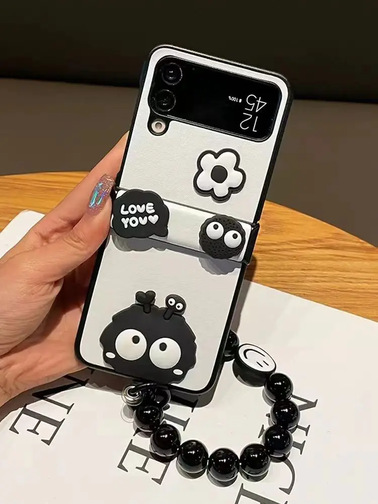 Custodia per telefono con catena a forma di braccialetto con perline a forma di fiore di carbone per Samsung Galaxy Z Flip 4 ZFlip5 Zflip 6 ZFlip3 con cerniera protettiva_voghion.com