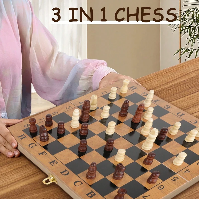 3 in 1 Chess Board Folding Wooden Portable Chess Game Board Wooden for Adults Gift(Chess + Checkers and Backgammon) board game wooden chess foldable chess board table games folding chess board