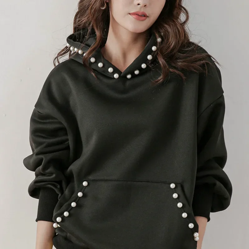 2024 Black Fashion Knit Hoodie Women Thicken Casual Warm Pure Color Loose Turtleneck Pullover Korean All-match Jacket