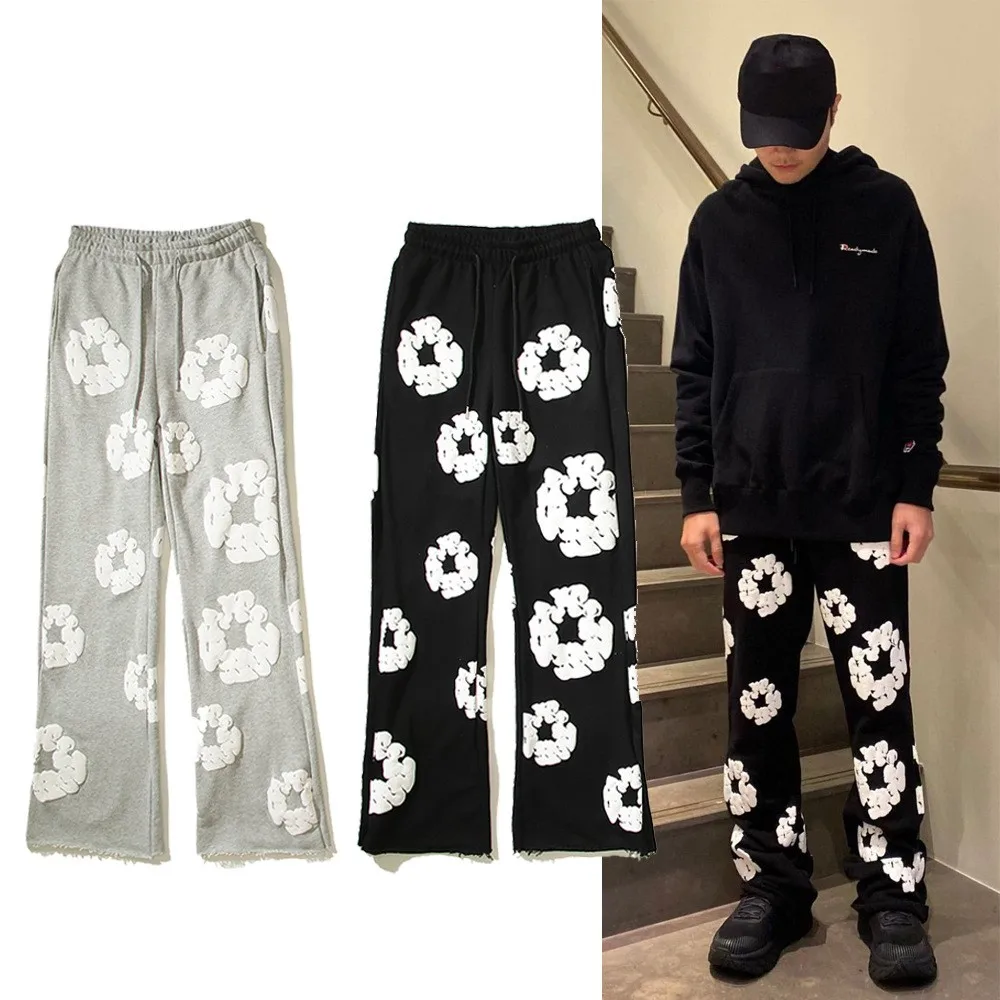 

Fall and Winter Fashion New Men's Sweat Pants Three-Dimensional Foam Kapok Printing Letters Embroidery Cotton Micro Flare Pants