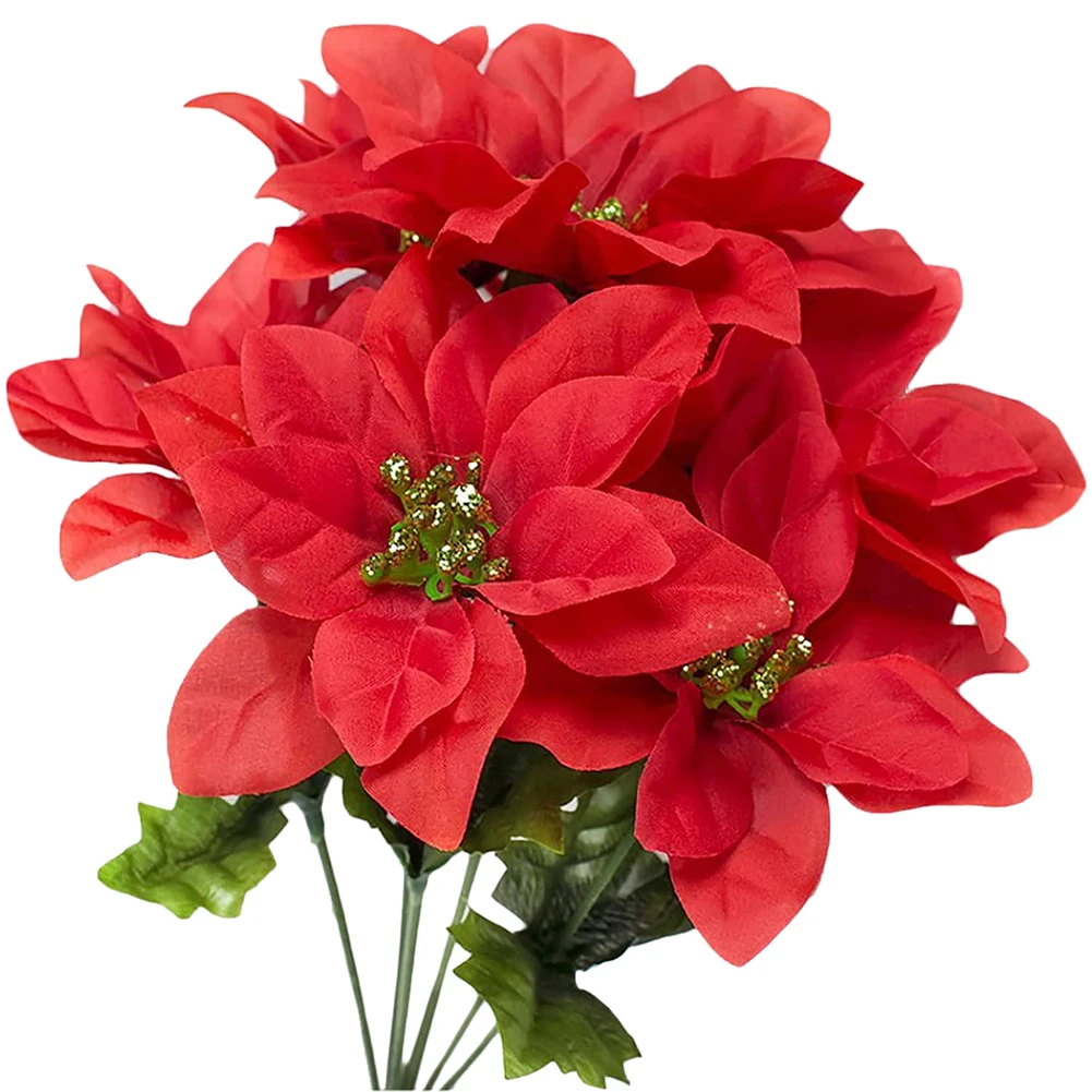 35 cm künstliche Weihnachtsstern-Büsche, künstliche 7 Köpfe, weiße rote Seide, künstlicher Weihnachtsblumenstrauß für Zuhause, Hochzeit, Party, Dekoration