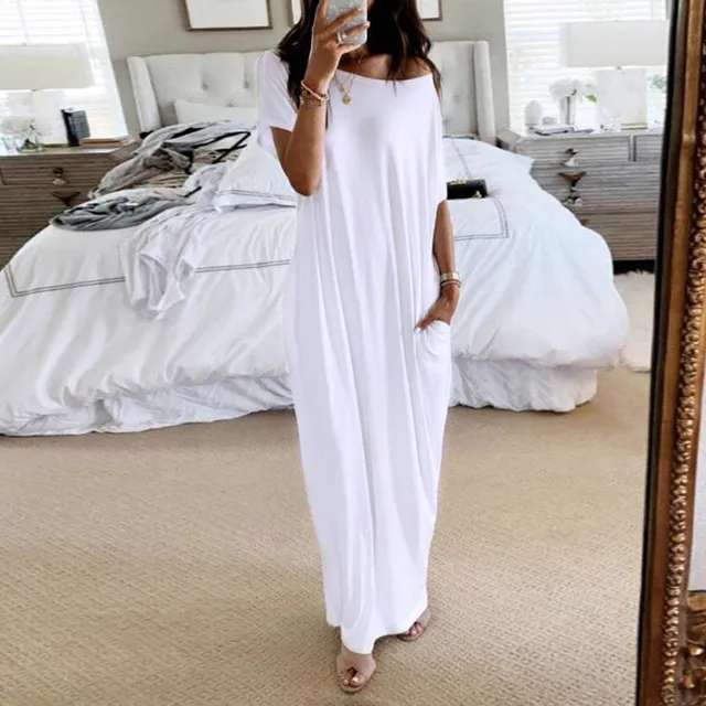 Women Summer Slash Neck Short Sleeve Pocket Long White Dress Female Casual Loose Home Dress Robe Off Shoulder T-Shirt Maxi Dress 4