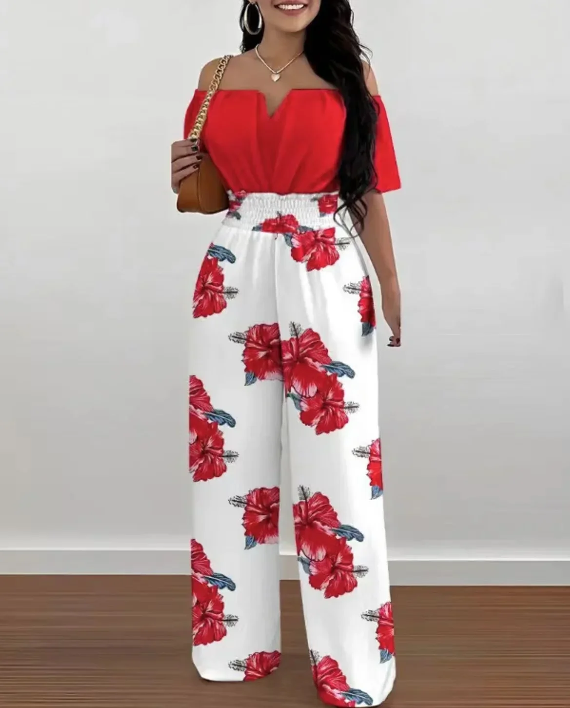 Summer Fashion Printed Wide Leg Jumpsuit Women Sexy Beach Style Off-shoulder High Waist Jumpsuit