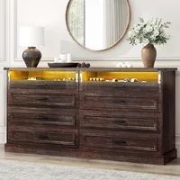 63" Farmhouse Closet Island with 8 Drawers&LED Lights, Brown Dresser w/Glass Top & Front Display Organizer, Wardrobe Armoire 1