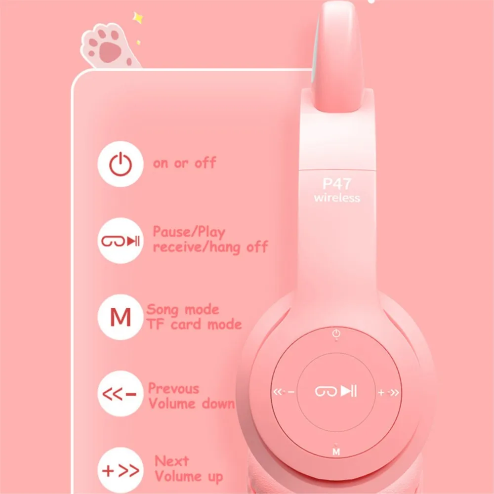 Cute Cat Ear Headphone Flash Light with Mic Control LED Stereo Music Helmet Phone Wireless Bluetooth Headset Holidays Gift 2