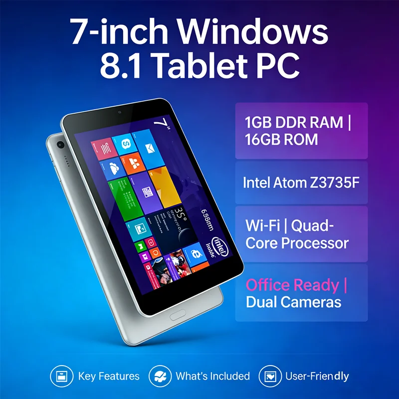 7 INCH Windows 8.1 Tablet PC System 1GDDR RAM 16GROM Z3735F WIFI Quad Core Office Work WIFI Dual Cameras