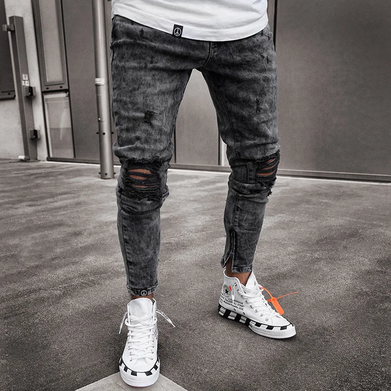Men European American Style High Street Ripped Hip Hop Stylish Skinny Jeans High Quality Holes Casual Cotton Pencil Denim Pants
