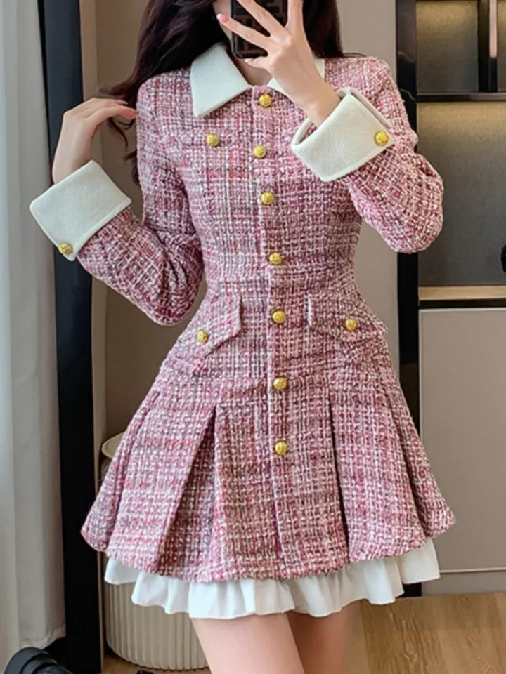 Women's Patchwork Single Breasted Dress French Tweed Woolen Office
