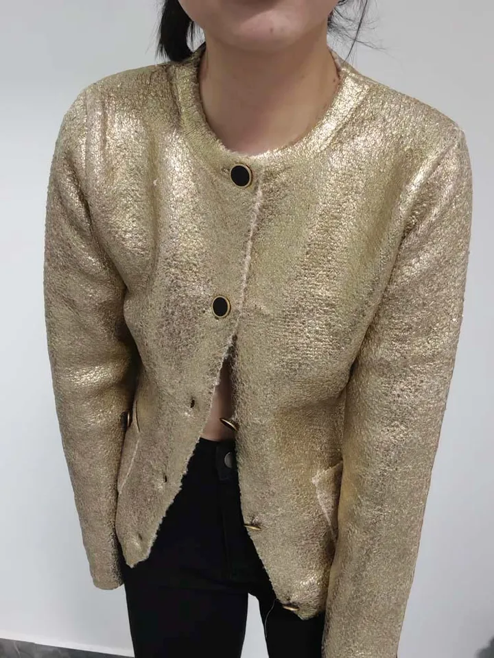Metallic knit effect cardigan Women's Gold Round neck long