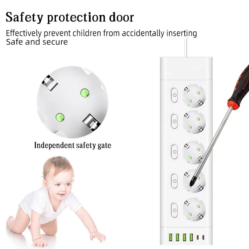 EU Plug Power Strip Multiple Independent Control Outlet Sockets 2m Extension Cord with 4 USB 2 Type-C Ports