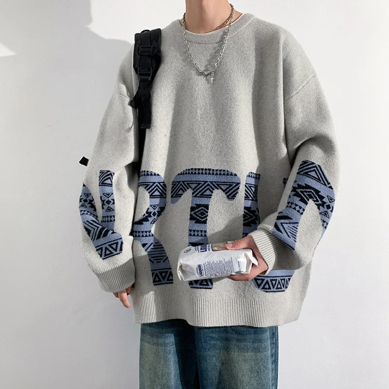 Men's Oversized Sweaters Autumn Letter Printed Knitted Sweaters Fashion Streetwear Long Sleeve Crewneck Graphic Pullovers Male