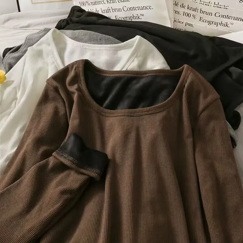 

Осенняя размера плюс, плюшевая Толстая рубашка с круглым вырезом, облегающая нижняя рубашка для похудения, Женский Универсальный теплый топ с длинными рукавами, нижнее белье