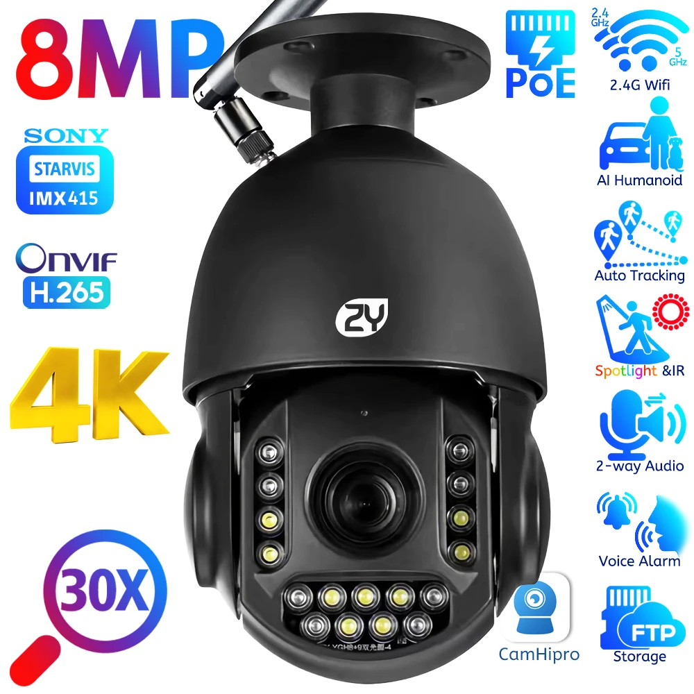 4K 8MP 30X Zoom WiFi/ PoE PTZ IP Cameras Outdoor Sound & Light Alarm Auto Tracking Speed Dome Ceiling CCTV Security Camera CamHi 2 way audio camera system 8ch 4k poe nvr kit 38x zoom ptz auto tracking dome cctv ip cameras outdoor video surveillance ipc set