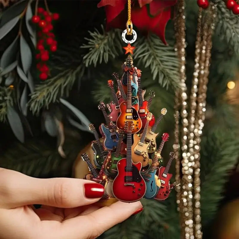 Rock Guitar Christmas Tree Shaped Decor Pendant 2D Flat Acrylic Guitar Xmas Tree Bag Car Pendant For Lovers