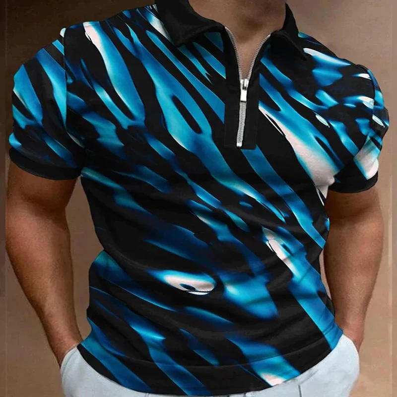 

Black Line Art 3D Print Polo Zipper Short Sleeve Shirt for Men