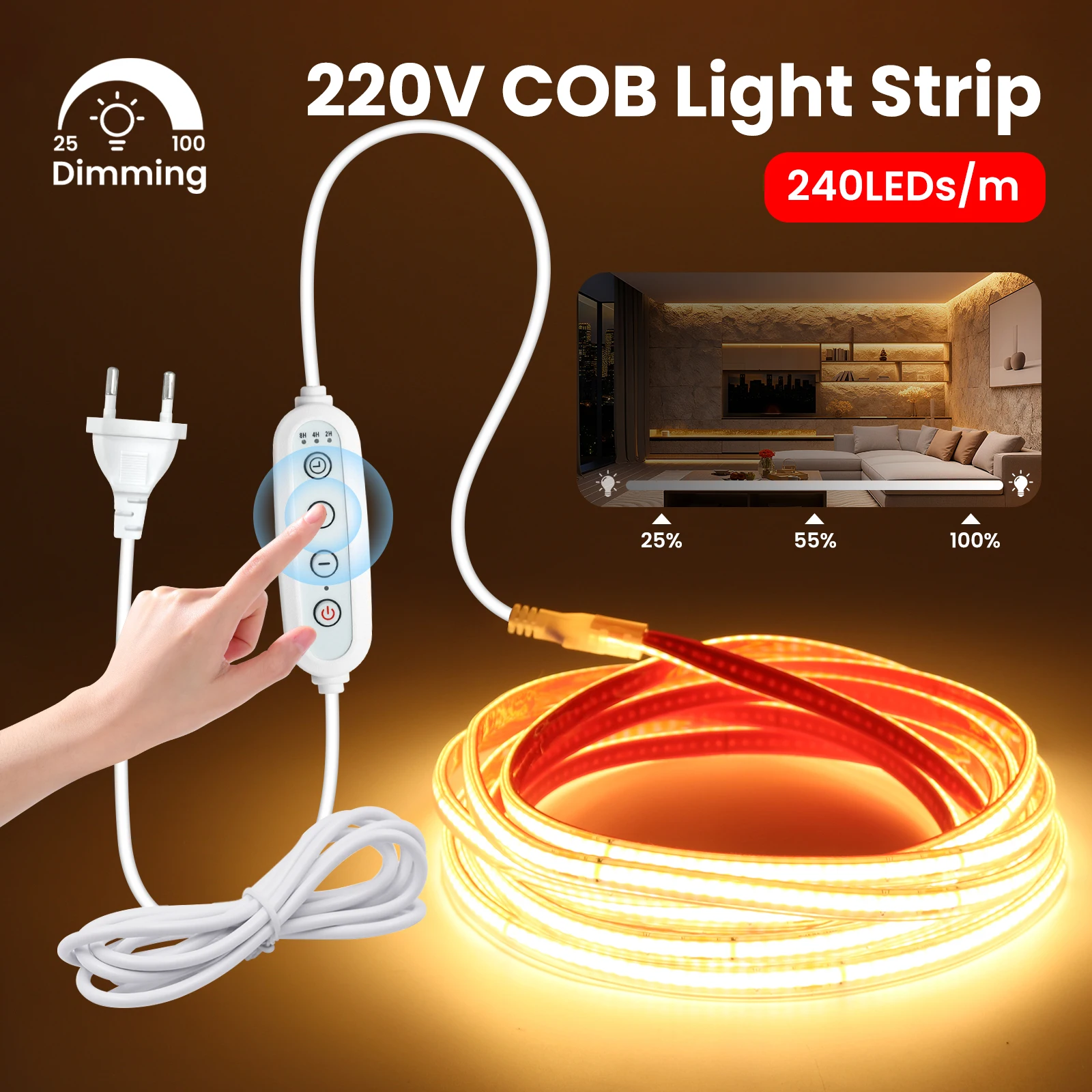 AC220V 디밍 가능 COB LED 스트립 240LED/M 유연한 LED 테이프 방수 로프 라이트 접착 테이프 밀도 선형 조명 EU UK AU 플러그