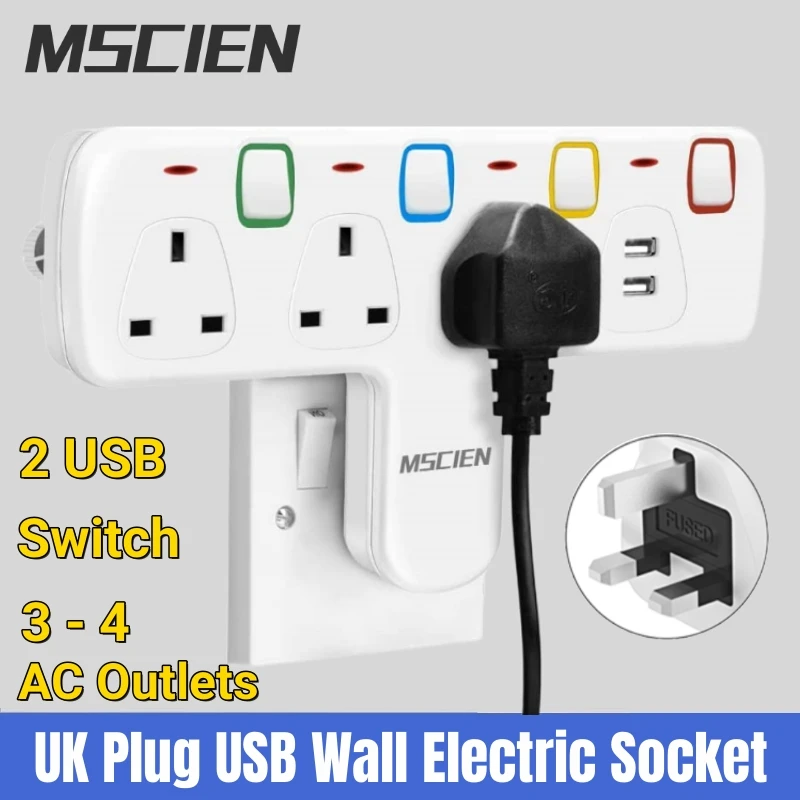 

T Shape UK Plug Wall Electric Sockets Extension with Individual Switches 2 USB 3-4 AC Outlets Power Strip Charge Adapter HK SA