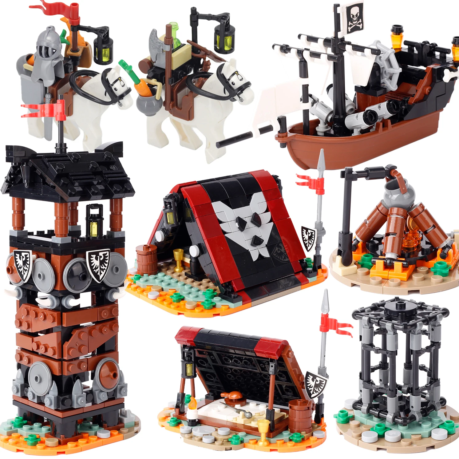 Moc Pirate Sail Boat Ship Building Blocks Wolf Tent Medievale Military Watch Tower Falò Prison Cage Travel Horse Bricks Toys