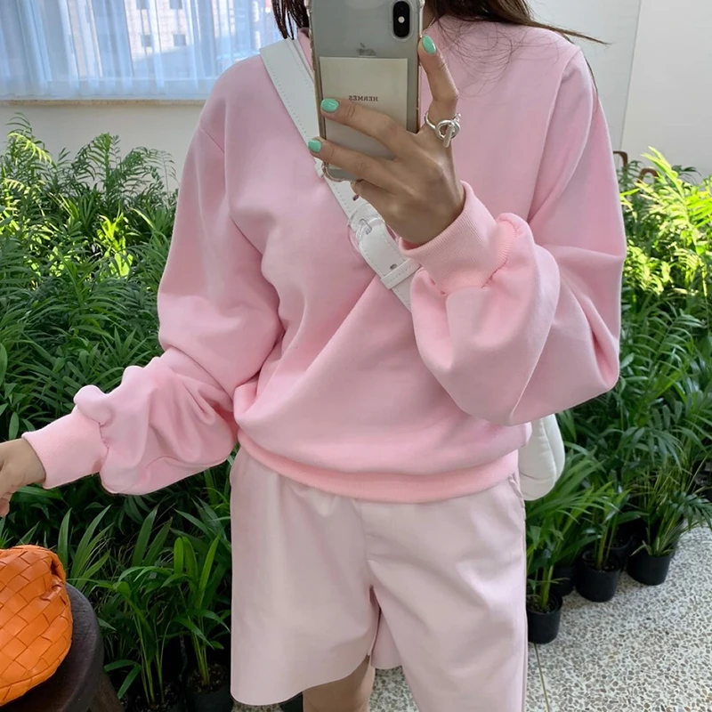 2021 Harajuku Korean Fashion Kawaii Tops Pink Sweet Hoodies Sweatshirts Women O-Neck Long Sleeve Loose Casual Pullovers Autumn