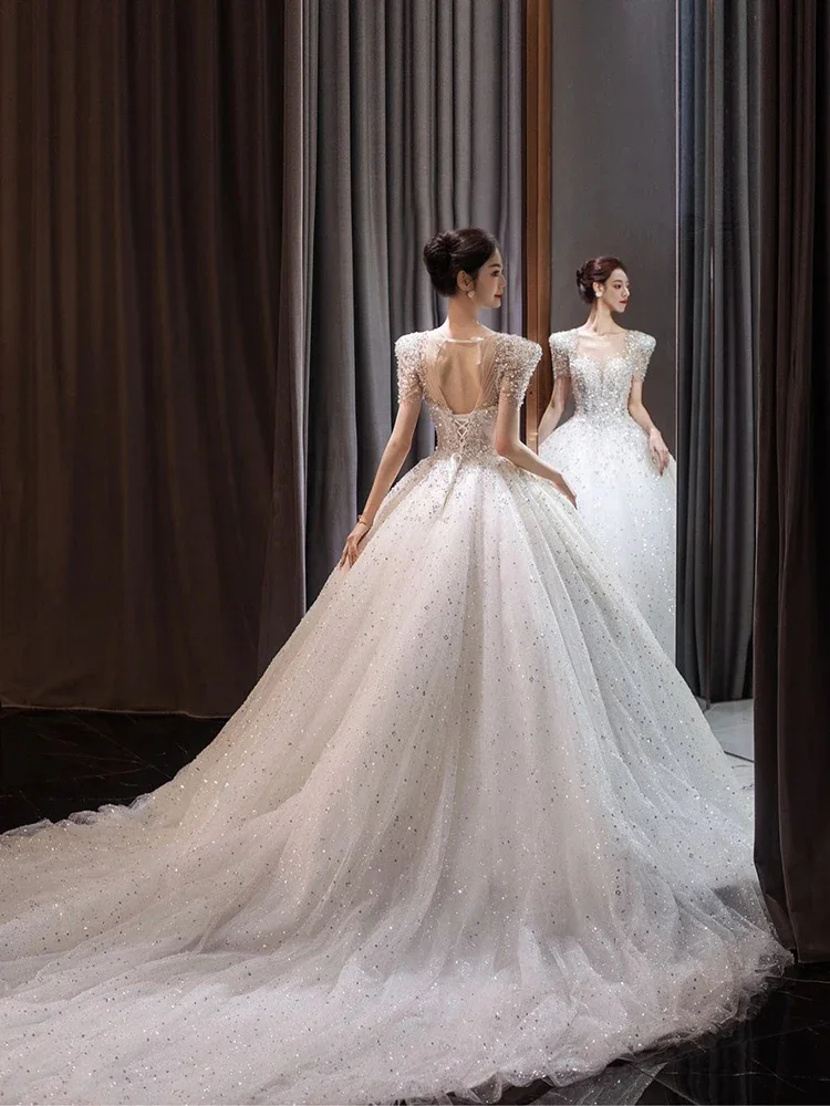 

Lace Bead Bridal Heavy Industry Trailing Wedding Dress