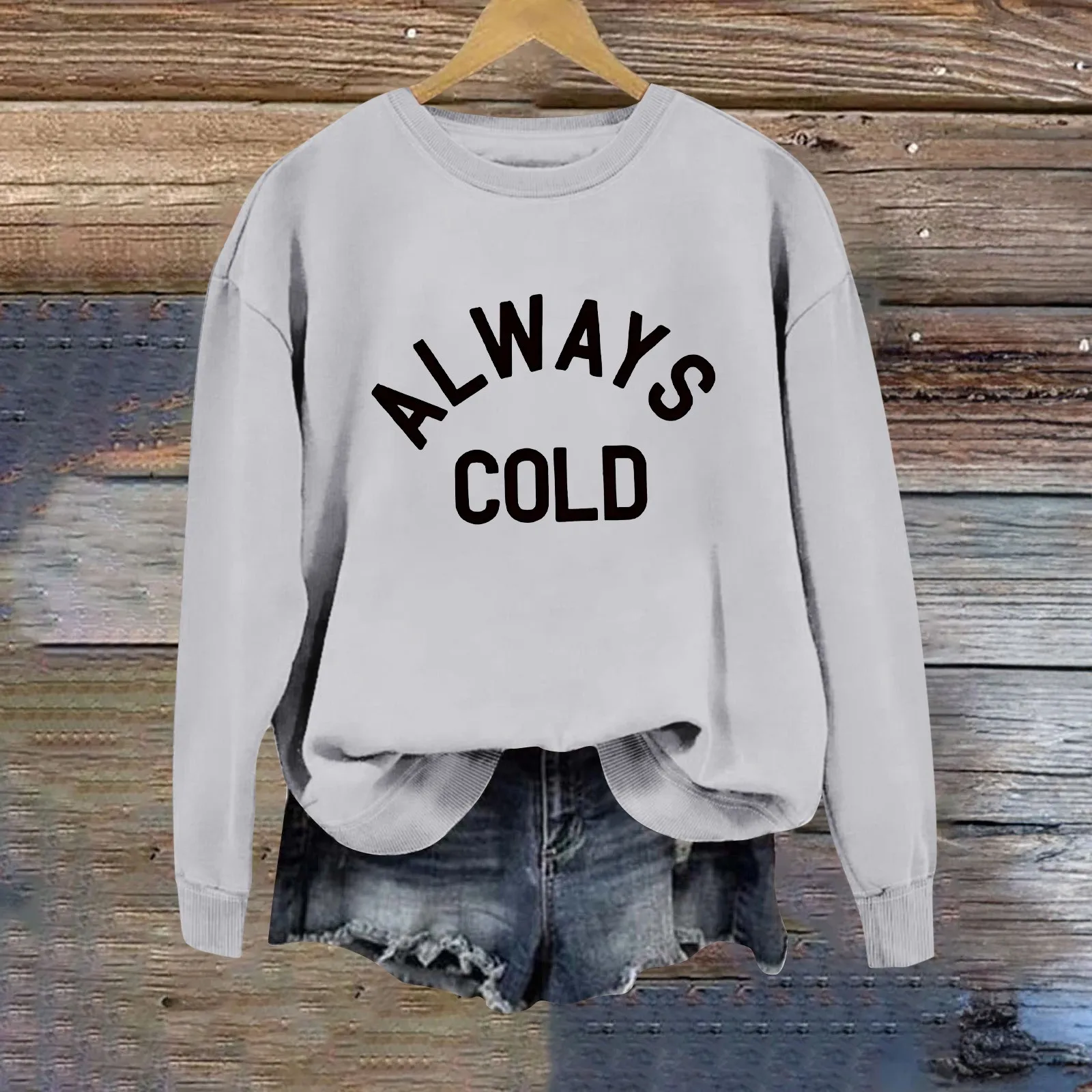 Women's ALWAYS COLD Letter Casual Loose Round Neck Long Sleeve Hoodless Sweatshirt Crop Sweater Women Jacket Active Wear Women
