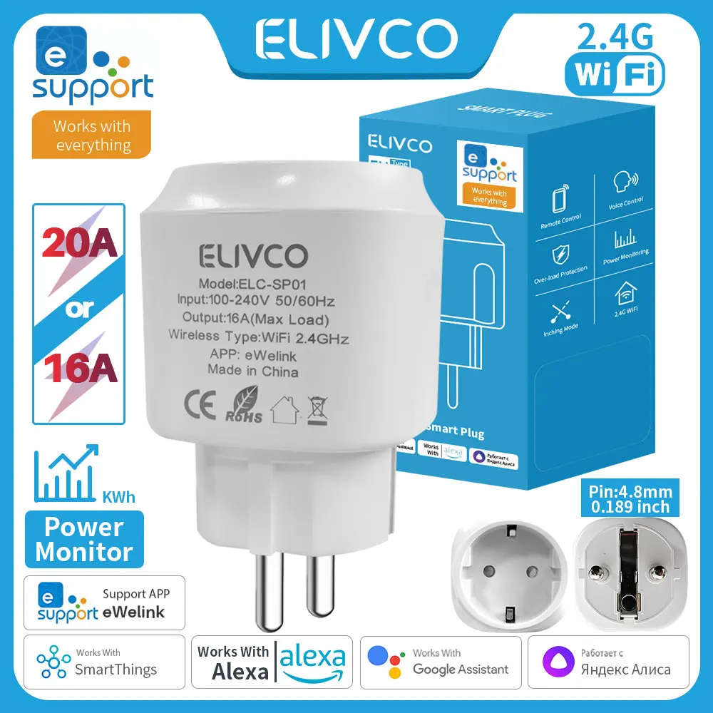 EWelink ซ็อกเก็ต WiFi อัจฉริยะ,ปลั๊กอัจฉริยะ 16/20A พร้อมฟังก์ชั่นจับเวลา/การตรวจสอบพลังงาน, รองรับการควบคุมเสียง Google Home Alexa 1